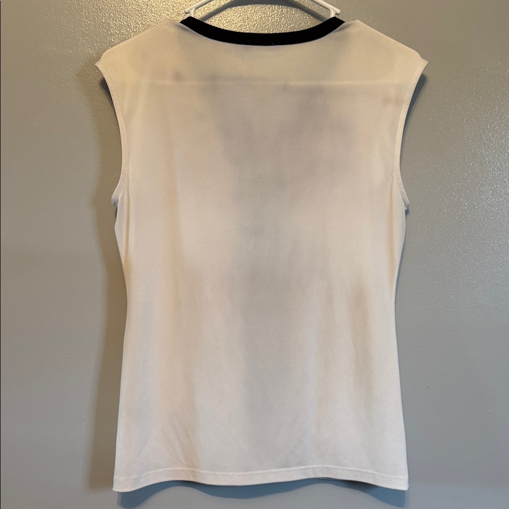 Calvin Klein Faux Black Leather V Neck Beige Blouse - Picture 8 of 12
